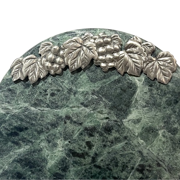 Vintage Green Marble Trivet Hot Plate Serving Stand Silver Grape Vine Leaves - Picture 4 of 8